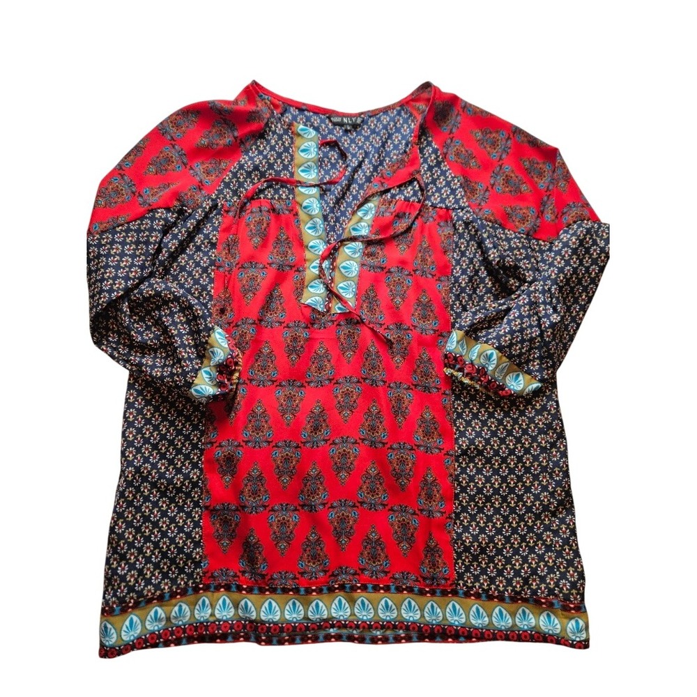 NLW‎ Womens Red Navy Blue Mixed Print Boho Tunic Blouse Split Neck Tie Top L
